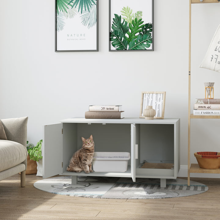 MCL Wooden Cat Litter Box Enclosure & House with Nightstand/End Table Design, Scratcher, & Magnetic Doors, Grey