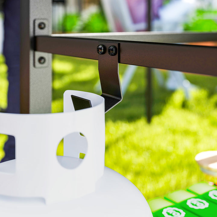 Outdoor Grill Dining Cart 2-Shelf Movable Pizza Oven Table Stand with Stainless Steel Top, Portable BBQ Trolley Food Prep Outdoor Kitchen BBQ Station with Hooks Wheels Handle, Charcoal Grey