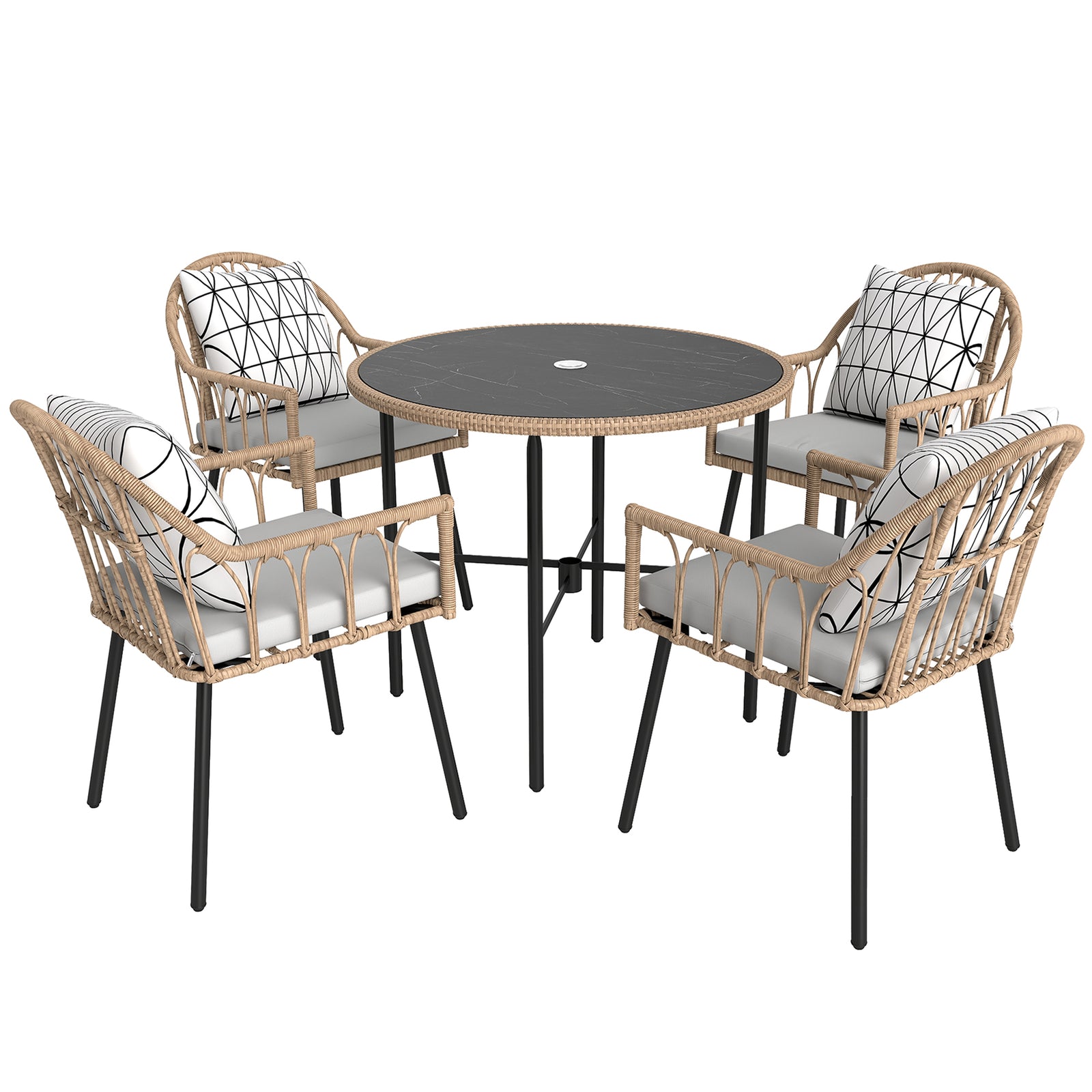5 Piece Patio Rattan Dining Set, Wicker Garden Table and Chairs w/ Removable Seat & Back Cushions, Round Tempered Glass Tabletop, Parasol Hole, Outdoor Furniture Conservatory Set, Light Brown