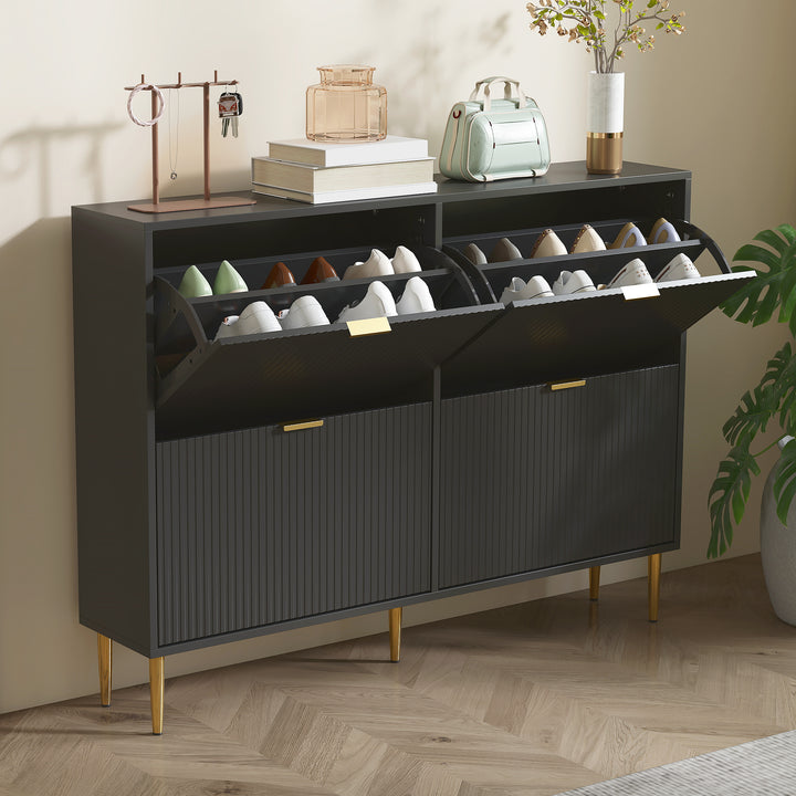 Narrow Shoe Cabinet with 4 Flip Drawers - Black