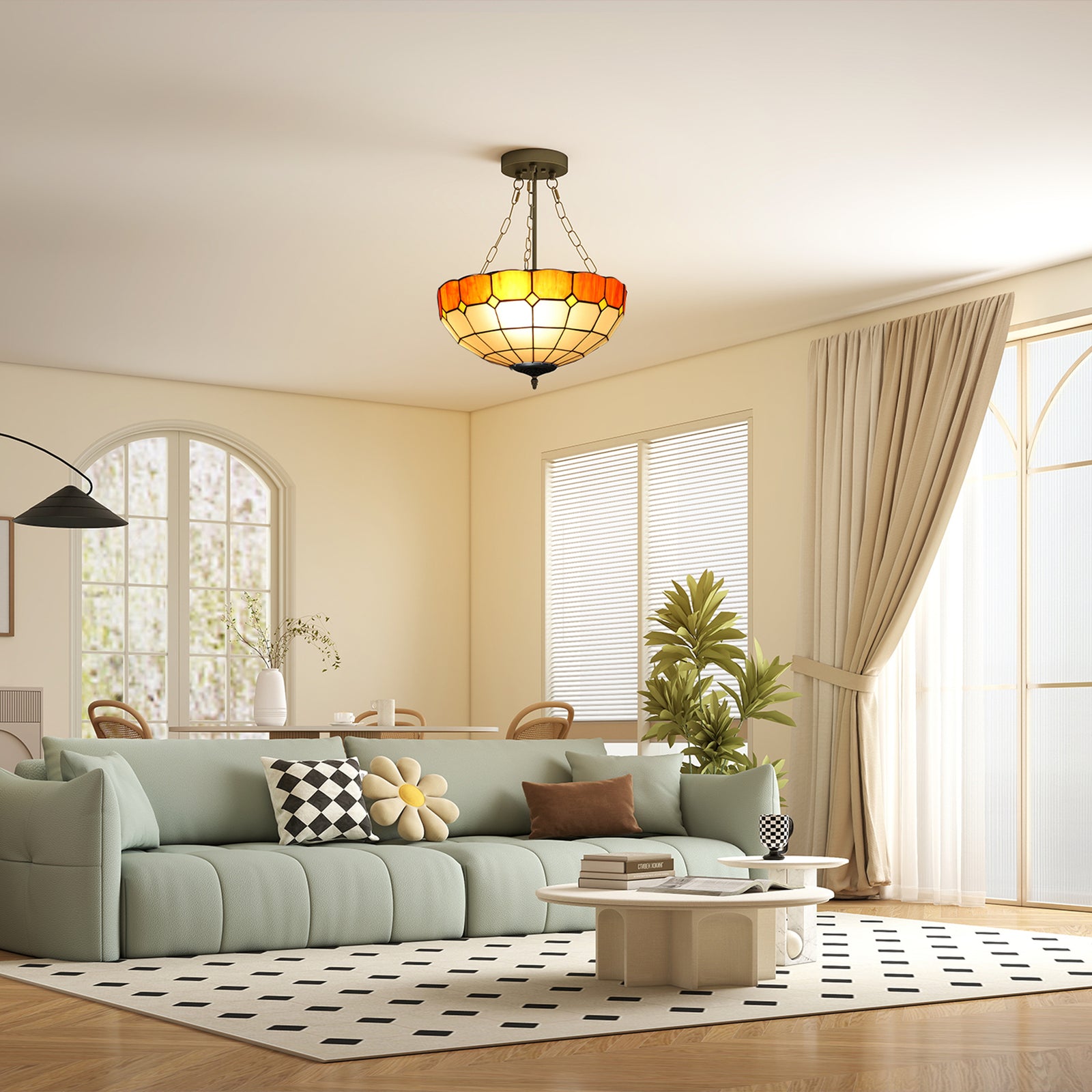 Tiffany Style Ceiling Light, Vintage Chandelier with 3 E27 Sockets, Se