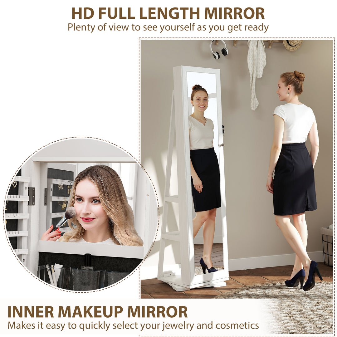 360° Swivel Jewellery Cabinet, Free Standing Full Length Mirror with Storage, Lockable Jewellery Organiser with Built-in Makeup Mirror and Storage Shelves for Bedroom, White