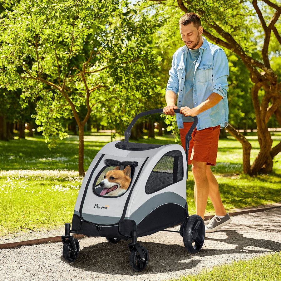 Pet Stroller for Medium Dogs Cat Pushchair Buggy Pram with 4 Wheels Safety Leash Zipper Doors Mesh Windows Storage Bag - Grey