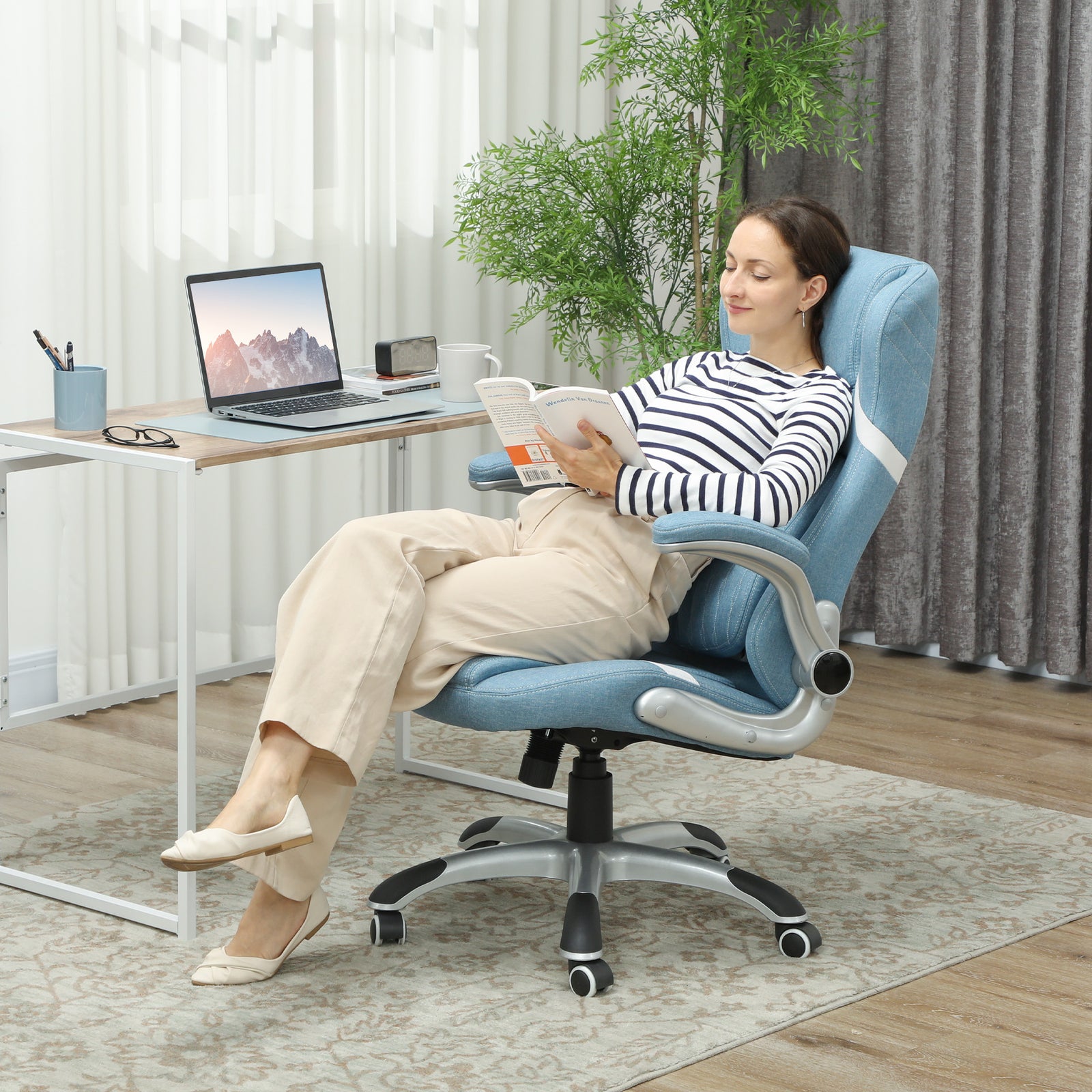 Linen-Look Office Chair, with Adjustable Height and Tension - Blue