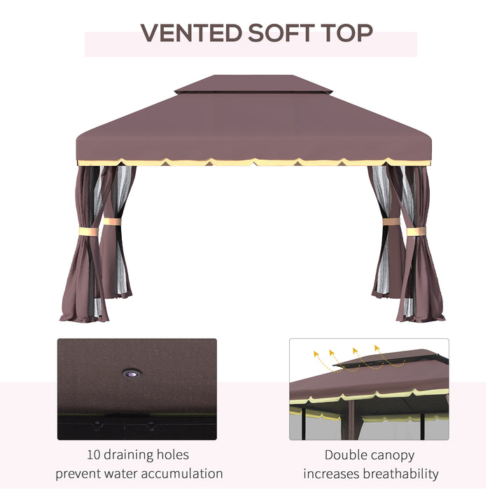 3 x 4m Aluminium Garden Gazebo, Marquee Canopy Shelter Pavilion Party Tent with Nets and Curtains for Garden and Deck, Coffee