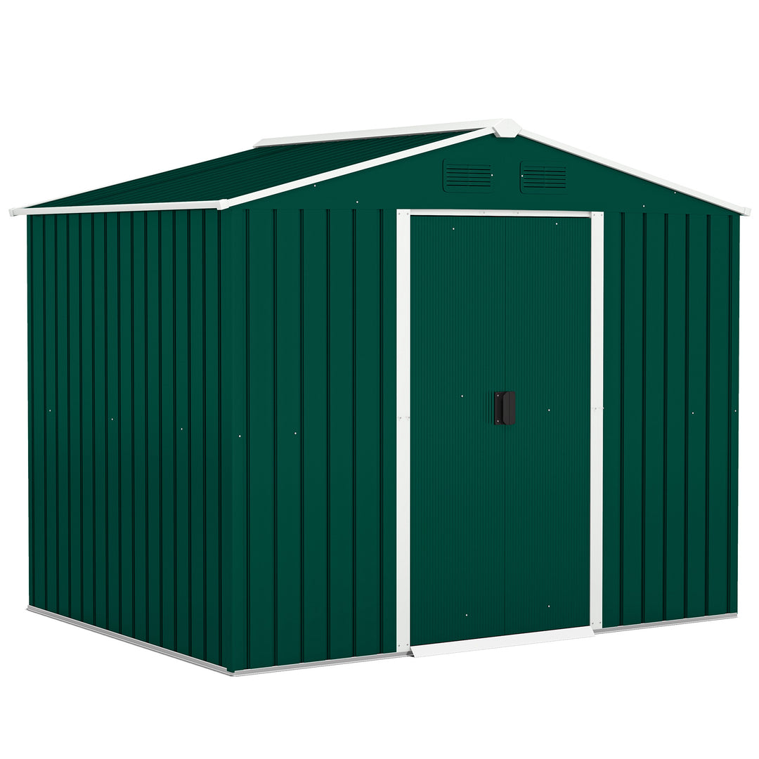 MCL 7.7 x 5.7ft Metal Garden Shed with Ventilation Slots and Sliding Doors, Galvanised Outdoor Tool Storage House, Green