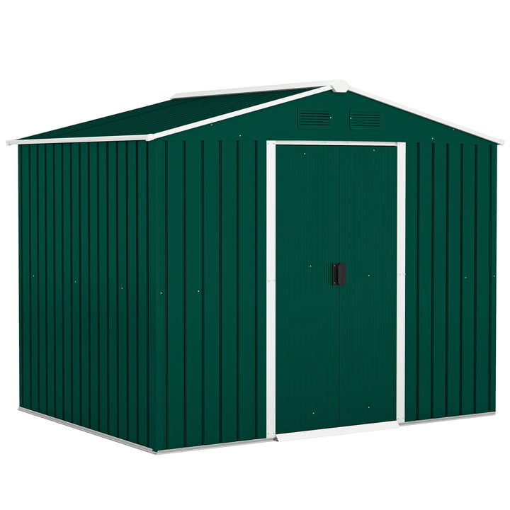 MCL 7.7 x 5.7ft Metal Garden Shed with Ventilation Slots and Sliding Doors, Galvanised Outdoor Tool Storage House, Green