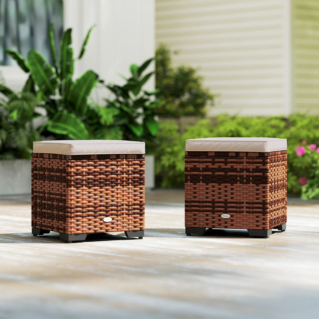 Set of 2 Rattan Storage Ottoman, Outdoor Footstool with Removable Cushions, Garden Storage Seat for Balcony, Porch, Living Room, Beige