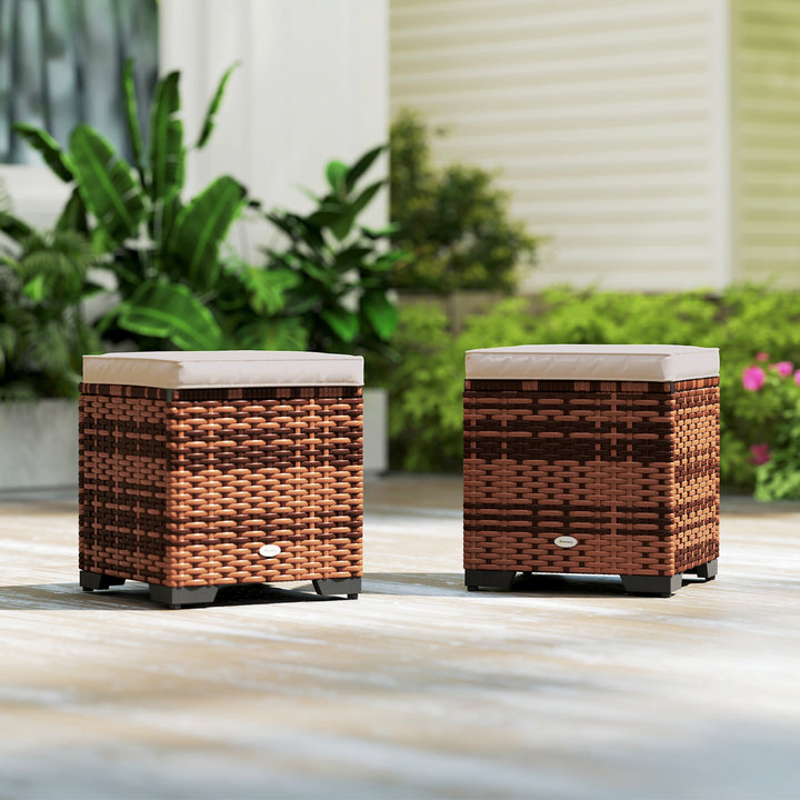 Set of 2 Rattan Storage Ottoman, Outdoor Footstool with Removable Cushions, Garden Storage Seat for Balcony, Porch, Living Room, Beige