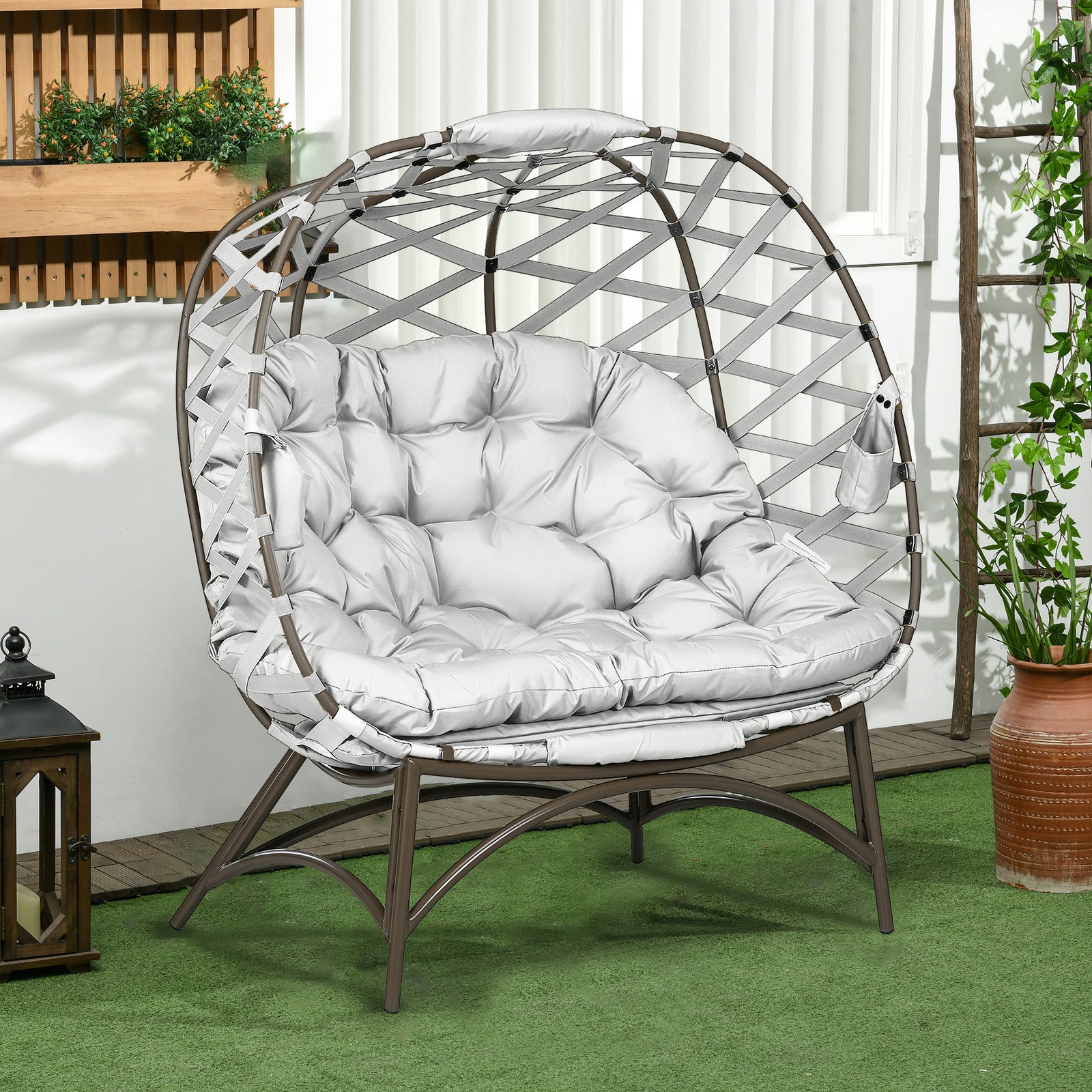 2 Seater Egg Chair Outdoor, Folding Weave Garden Furniture Chair with Cushion, Cup Pockets - Light Grey