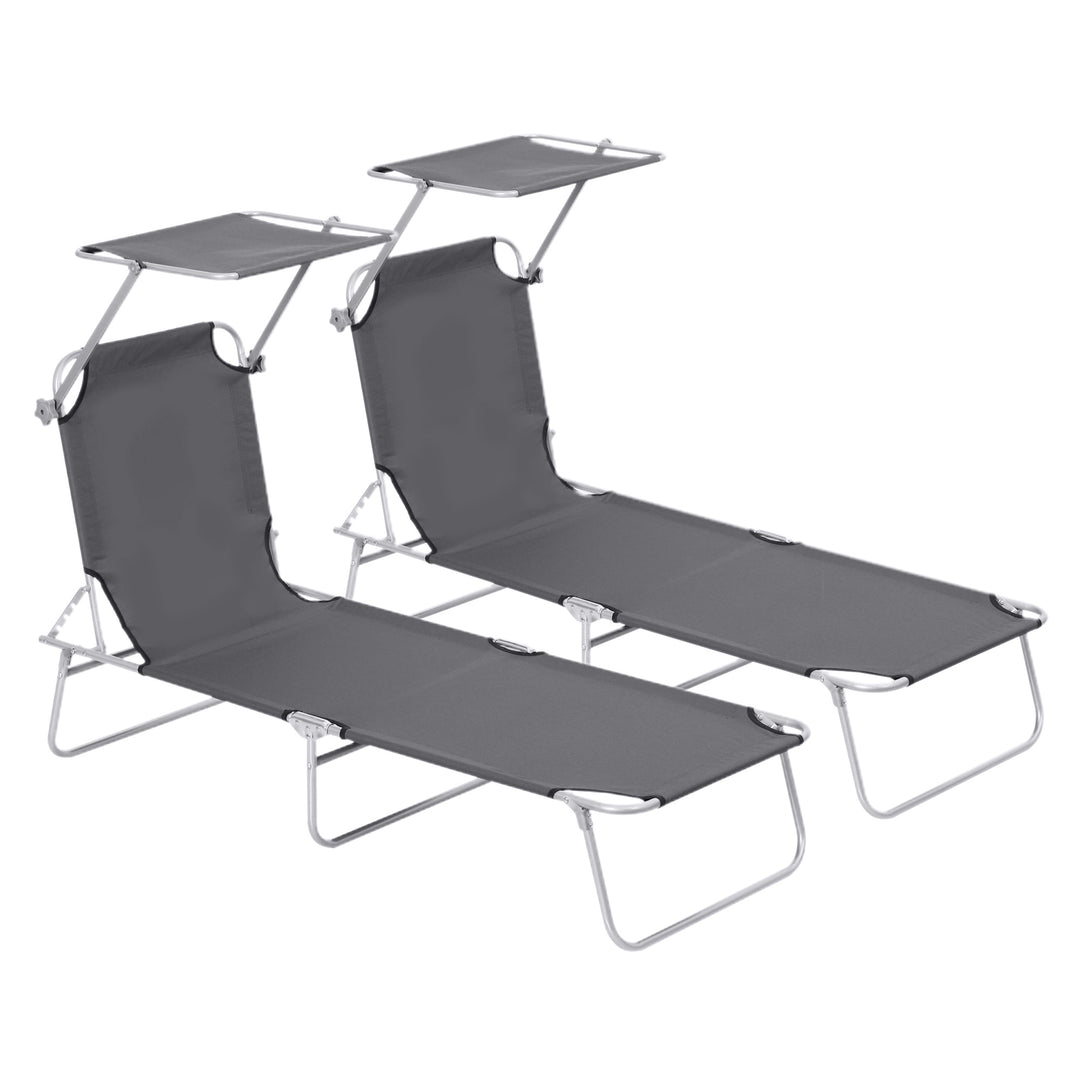 2 Pieces Outdoor Foldable Sun Lounger, 4 Level Adjustable Backrest Reclining Sun Lounger Chair with Angle Adjust Sun Shade Awning for Beach, Garden, Patio, Dark Grey