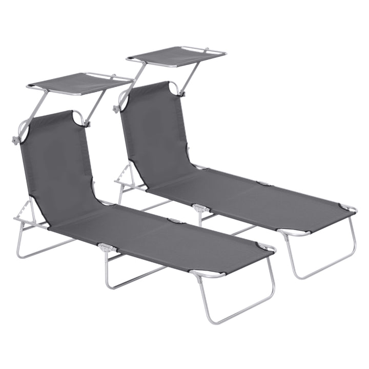 2 Pieces Outdoor Foldable Sun Lounger, 4 Level Adjustable Backrest Reclining Sun Lounger Chair with Angle Adjust Sun Shade Awning for Beach, Garden, Patio, Dark Grey