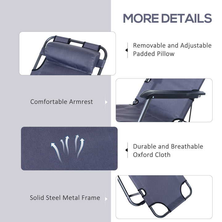 2 in 1 Folding Sun Lounger Reclining Garden Chair Set of 2 with 2-Level Adjustable Backrest, Outdoor Zero Gravity Recliner Garden Chairs with Head Pillow and Armrests, Grey