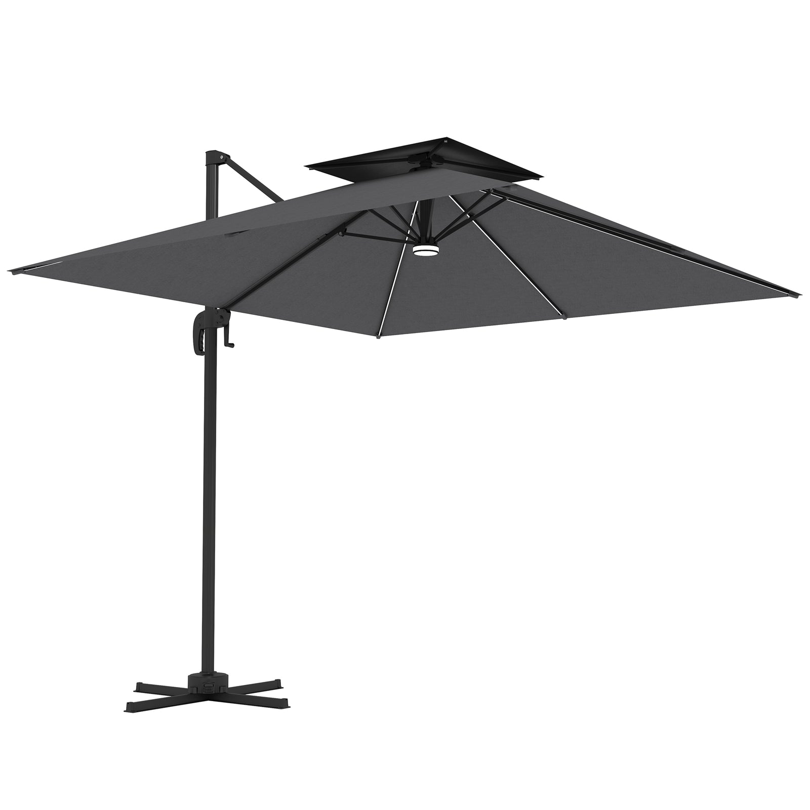 2.5m Cantilever Parasol with Solar Powered LED Lights, 360° Rotation, Tilt Adjustment, Crank Handle, Dark Grey