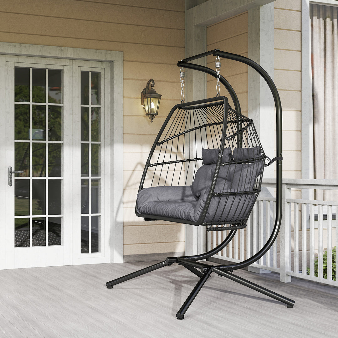 Rattan Double Hanging Egg Chair with Stand, Foldable Wicker Swing Egg Chair with Cushion, Head Pillows, Steel Frame, Hammock Chair for Indoor Outdoor, Capacity 260 kg, Dark Grey