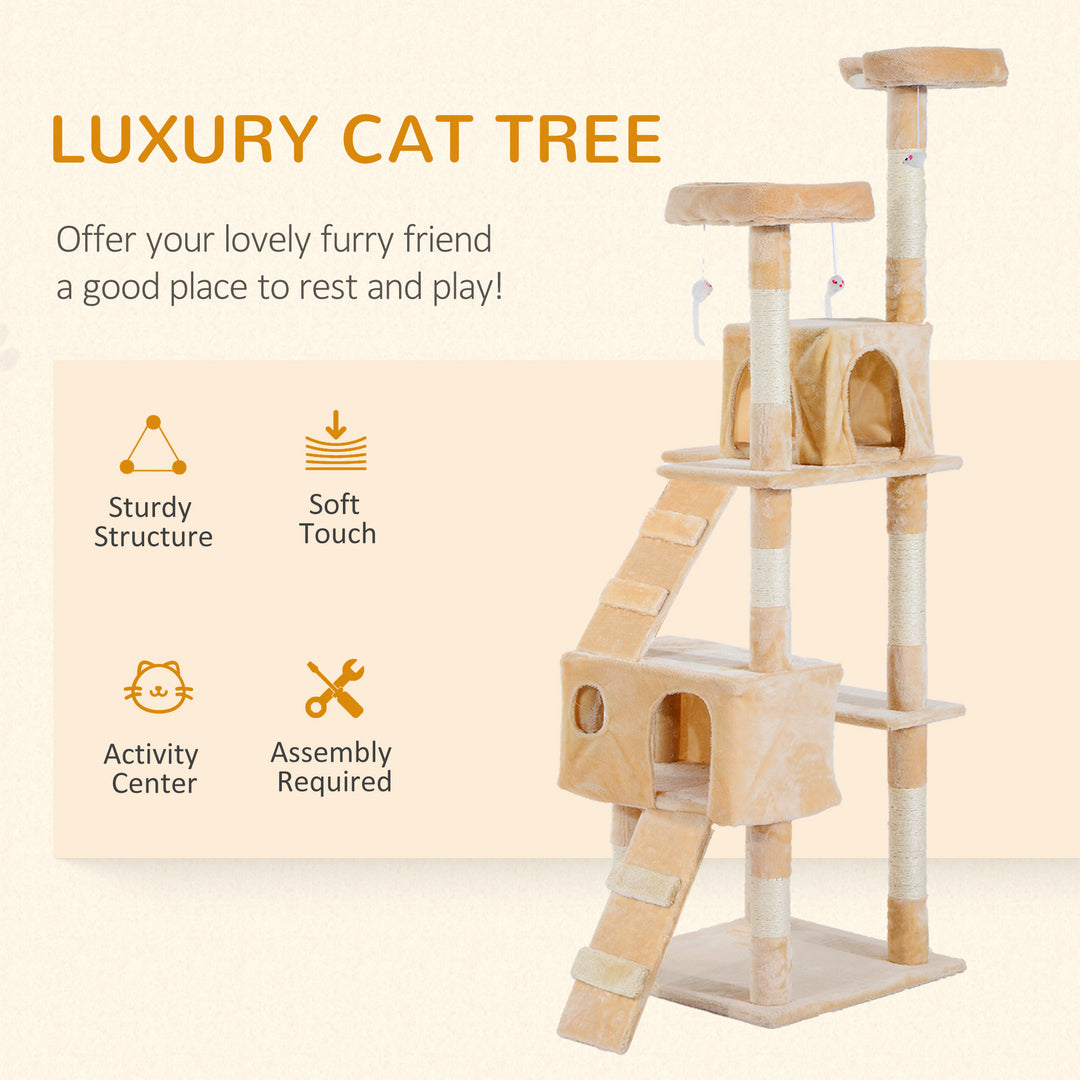 PawHut Deluxe Cat Tree, Kitten Scratching Post, Climbing Tower Activity Centre, Plush, Cream | Aosom UK