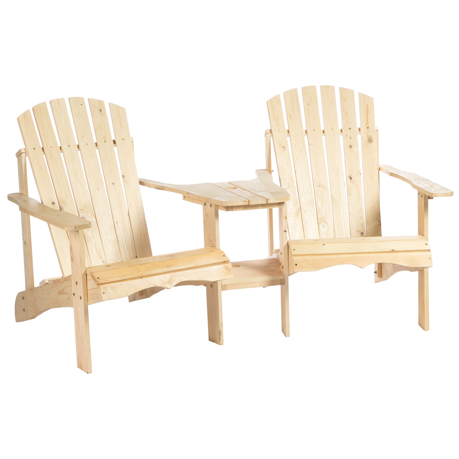 Wooden Outdoor Double Adirondack Chairs Loveseat w/ Centre Table and Umbrella Hole, Garden Patio Furniture for Lounging and Relaxing, Natural