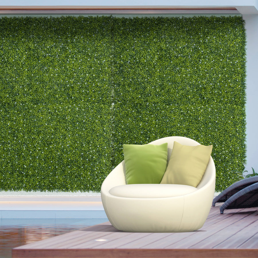 12PCS Artificial Boxwood Wall Panels 50cm x 50cm Grass Privacy Fence Screen Faux Hedge Greenery Backdrop Encrypted Milan Grass with White Flowers for Home Garden Backyard Balcony