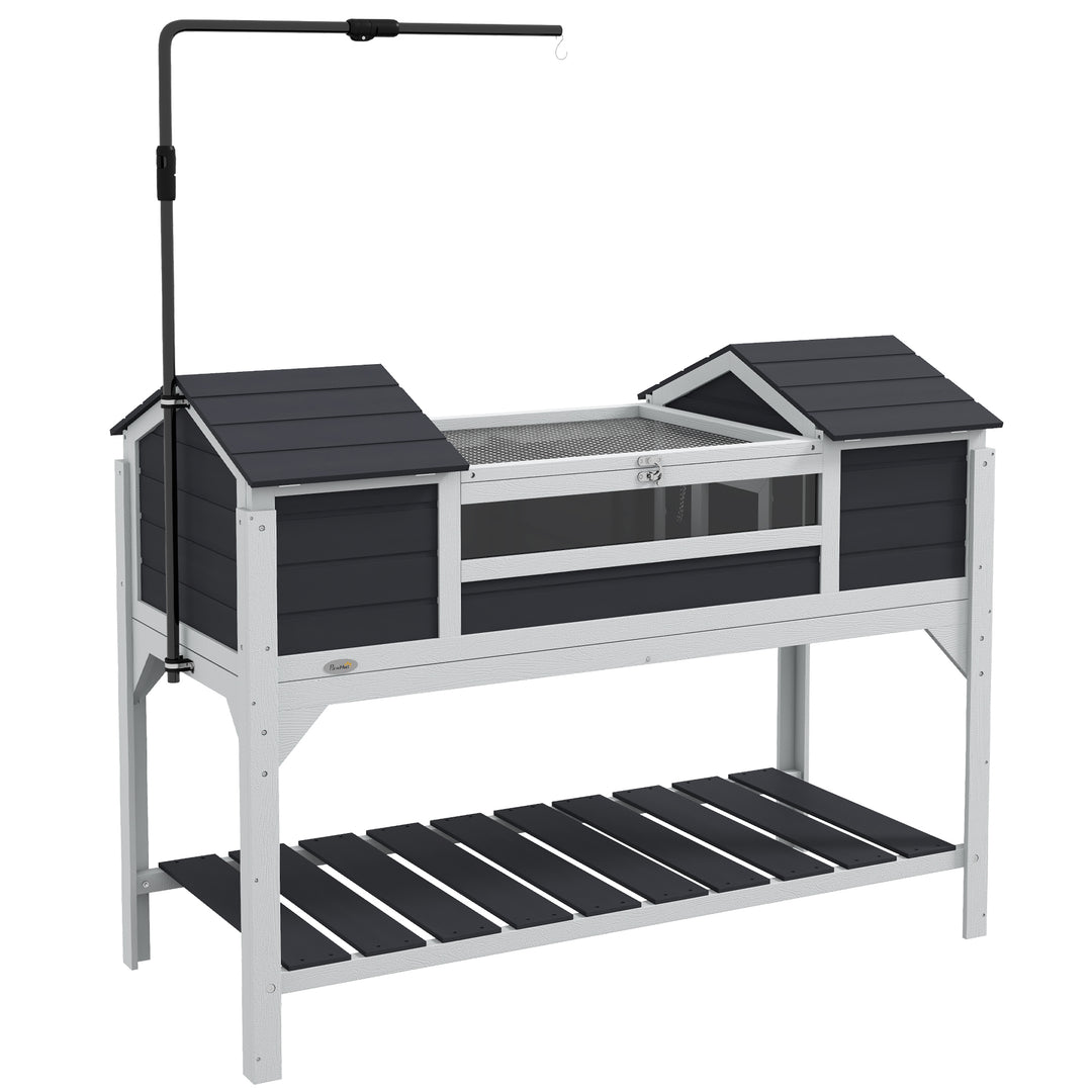 Wooden Tortoise Enclosure w/ Adjustable Lamp Holder, Openable Lid, Dual Main Houses, Storage Shelf, Fixed Tray - Grey