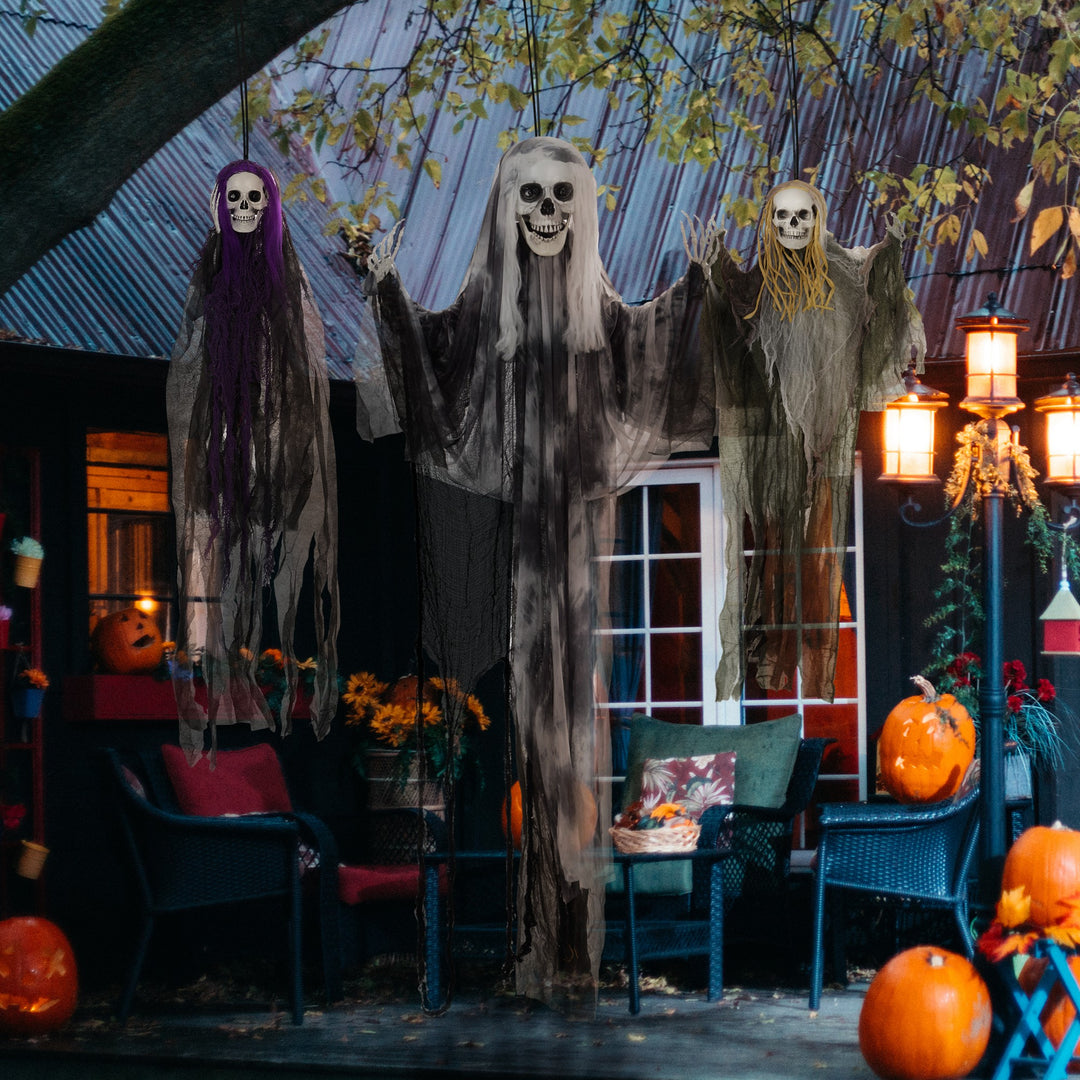 HOMCOM Set of 3 Hanging Skeleton Halloween Decorations, Scary Flying Ghost for Garden, Party, 90/110/170cm