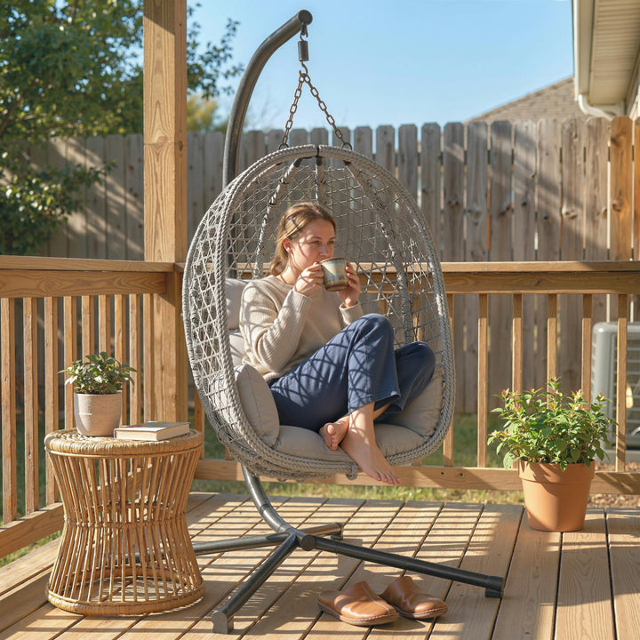 Hanging Egg Chair, Indoor Outdoor Rattan Hammock Swing Chair with Stan