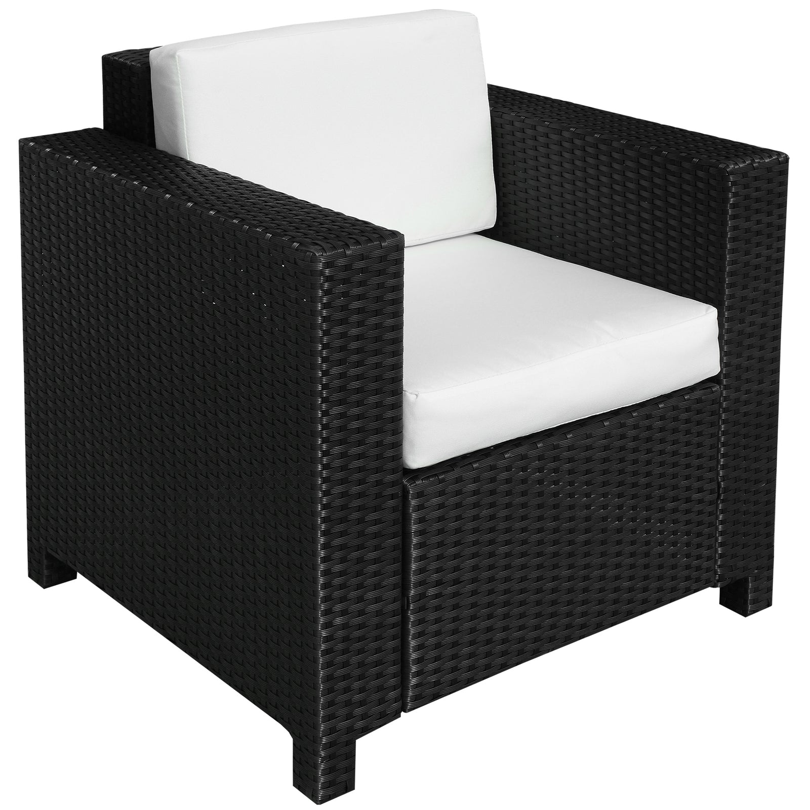 Single Seater Rattan Chair Sofa with 10 cm Thick Padded Cushion, All-Weather PE Wicker Weave Garden Armchair with Armrests, Black