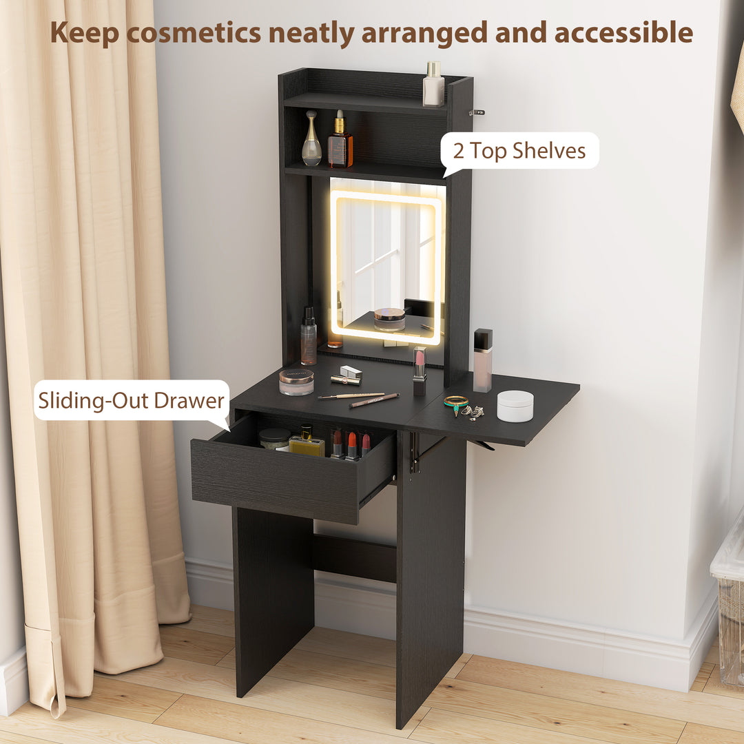 Small Vanity Desk with Mirror and LED Lights, Compact Dressing Table w
