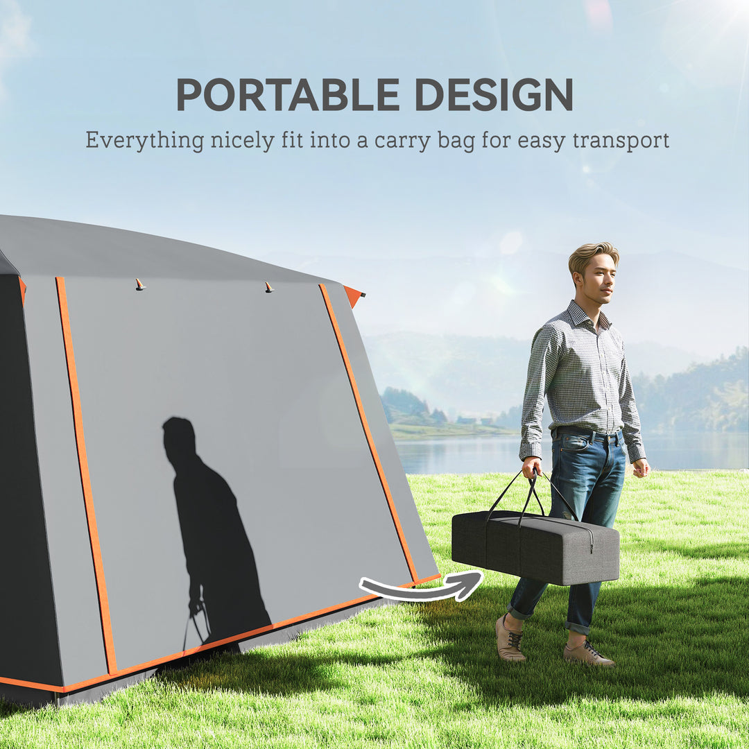 4-6 Man Camping Tent, Double Layer Tunnel Tent with Porch, Living Area and 2 Bedrooms, Sewn in Groundsheet, 3000mm Waterproof and UPF 30+, Portable with Bag, Grey