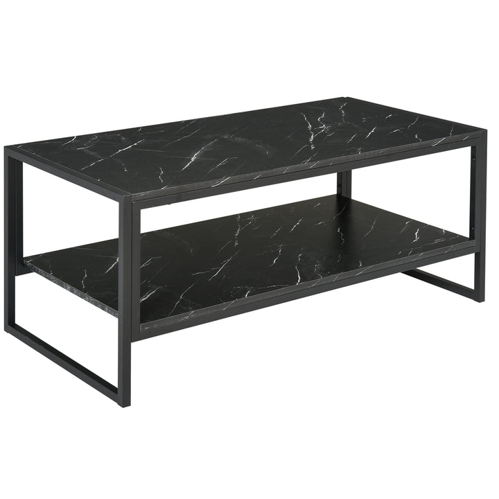 HOMCOM Elegant Two-Tier Coffee Table: Laminate Marble Print Top, Metal Frame, Foot Pads, 2 Shelves, Black | Aosom UK