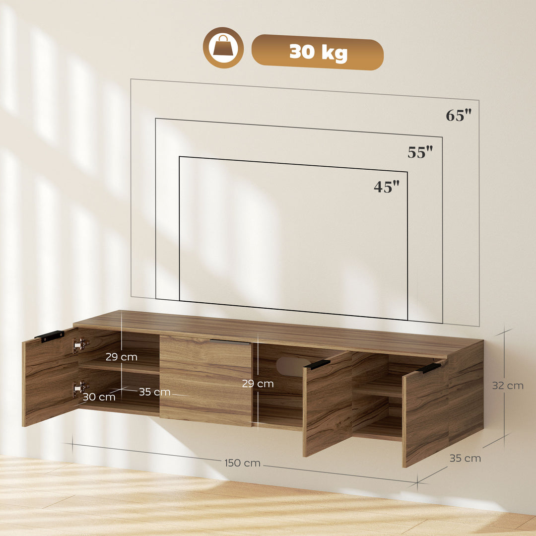 Floating TV Unit, 150 cm Wall Mounted TV Stand Cabinet with Shelves and Doors, Entertainment Media Console for Living Room, Bedroom, Rustic Brown