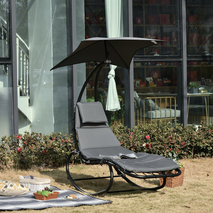 Outsunny Rocking Lounger with Canopy: Cushioned Patio Bed, Headrest Pillow for Alfresco Relaxation, Beige. | Aosom UK