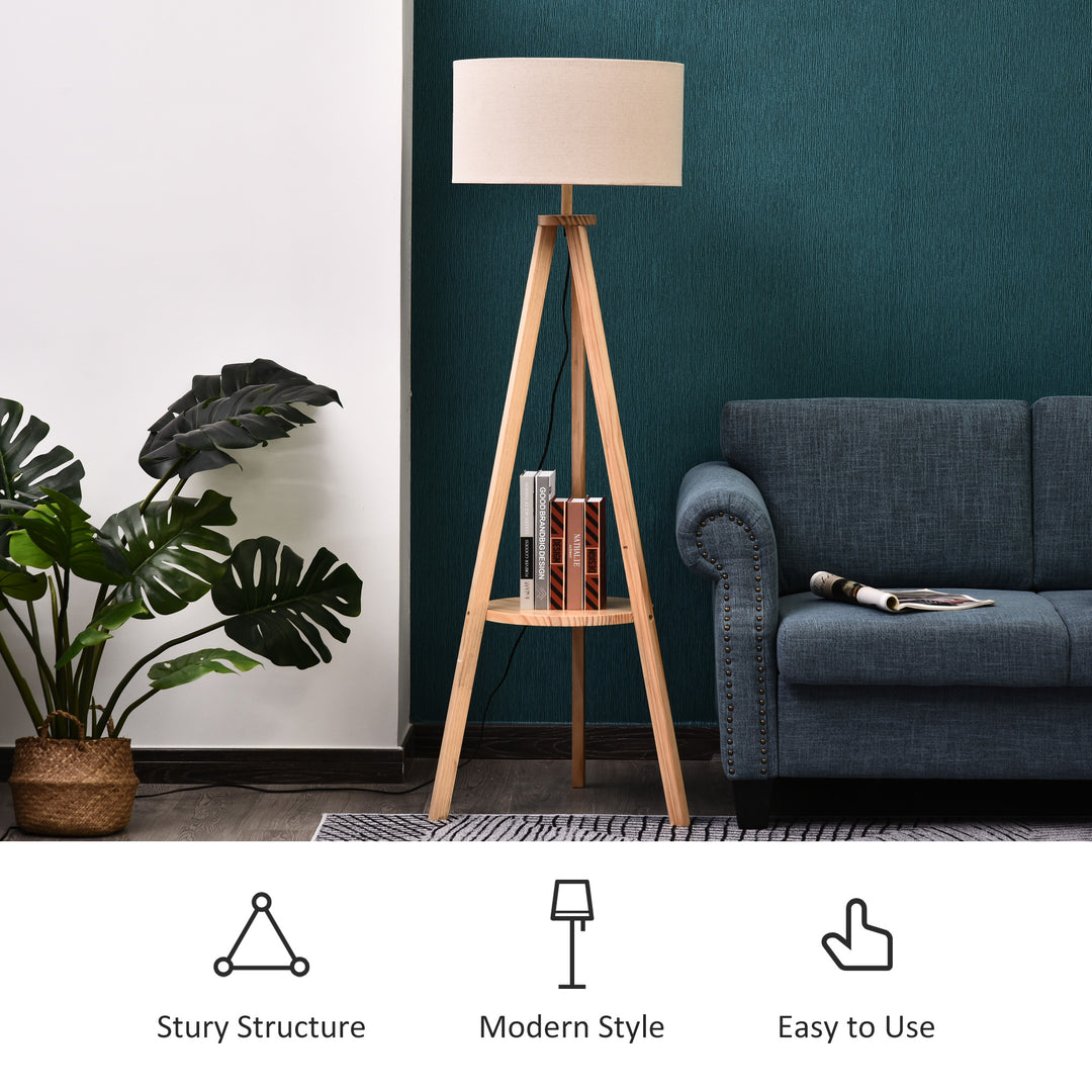 Tripod Floor Lamp, Freestanding Bedside Light Reading Light with Storage Shelf and Linen Shade for Living Room Bedroom, 154cm, Cream