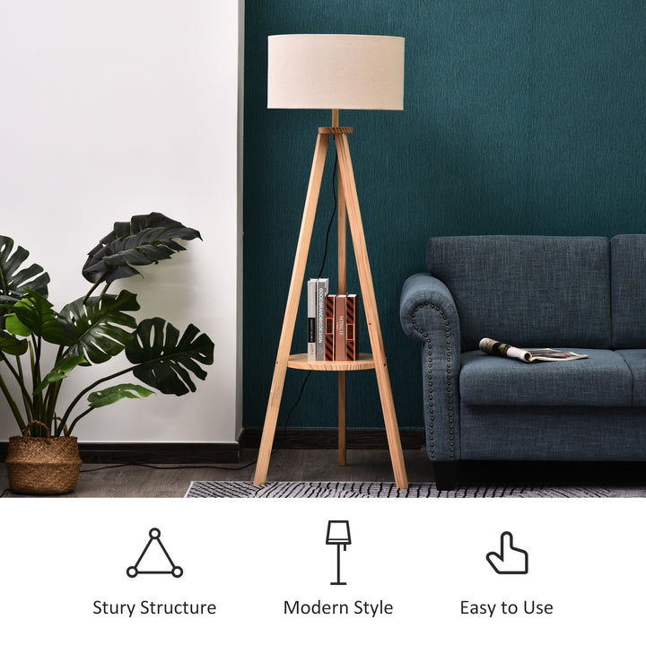 Tripod Floor Lamp, Freestanding Bedside Light Reading Light with Storage Shelf and Linen Shade for Living Room Bedroom, 154cm, Cream