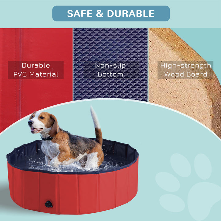 Dog Paddling Pool, Foldable Dog Pool, Leakproof & Hard Plastic, Portable Pet Bathtub with Non-Slip Base & Drainage Hole, for Indoors, Outdoors, Garden, Patio, 100 x 30 cm, Red