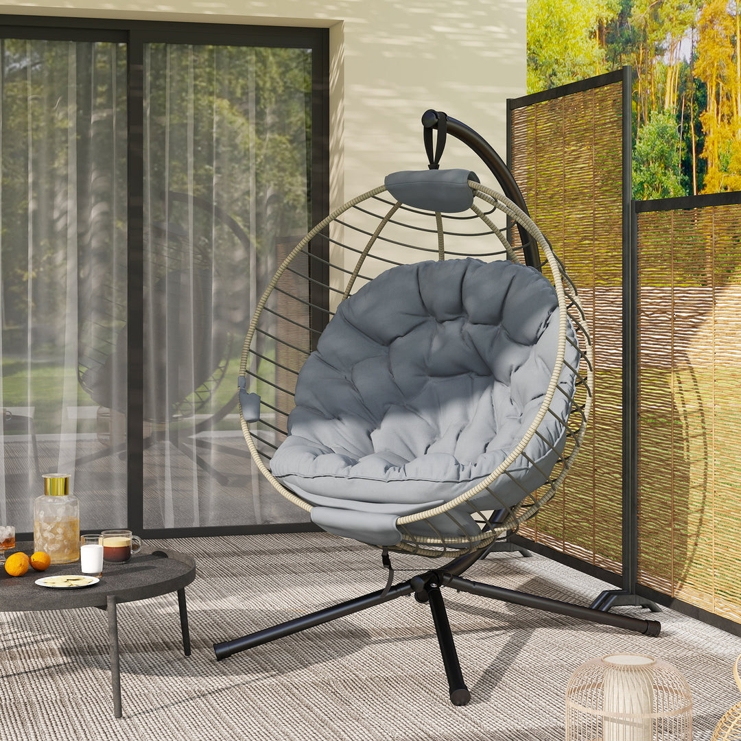 PE Rattan Swing Chair, Outdoor Hanging Chair with Metal Stand, Thick Padded Cushion, Foldable Basket and Cup Holder, for Indoor and Outdoor, Grey