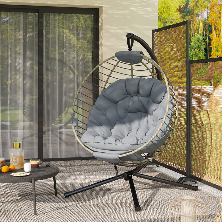 PE Rattan Swing Chair, Outdoor Hanging Chair with Metal Stand, Thick Padded Cushion, Foldable Basket and Cup Holder, for Indoor and Outdoor, Grey