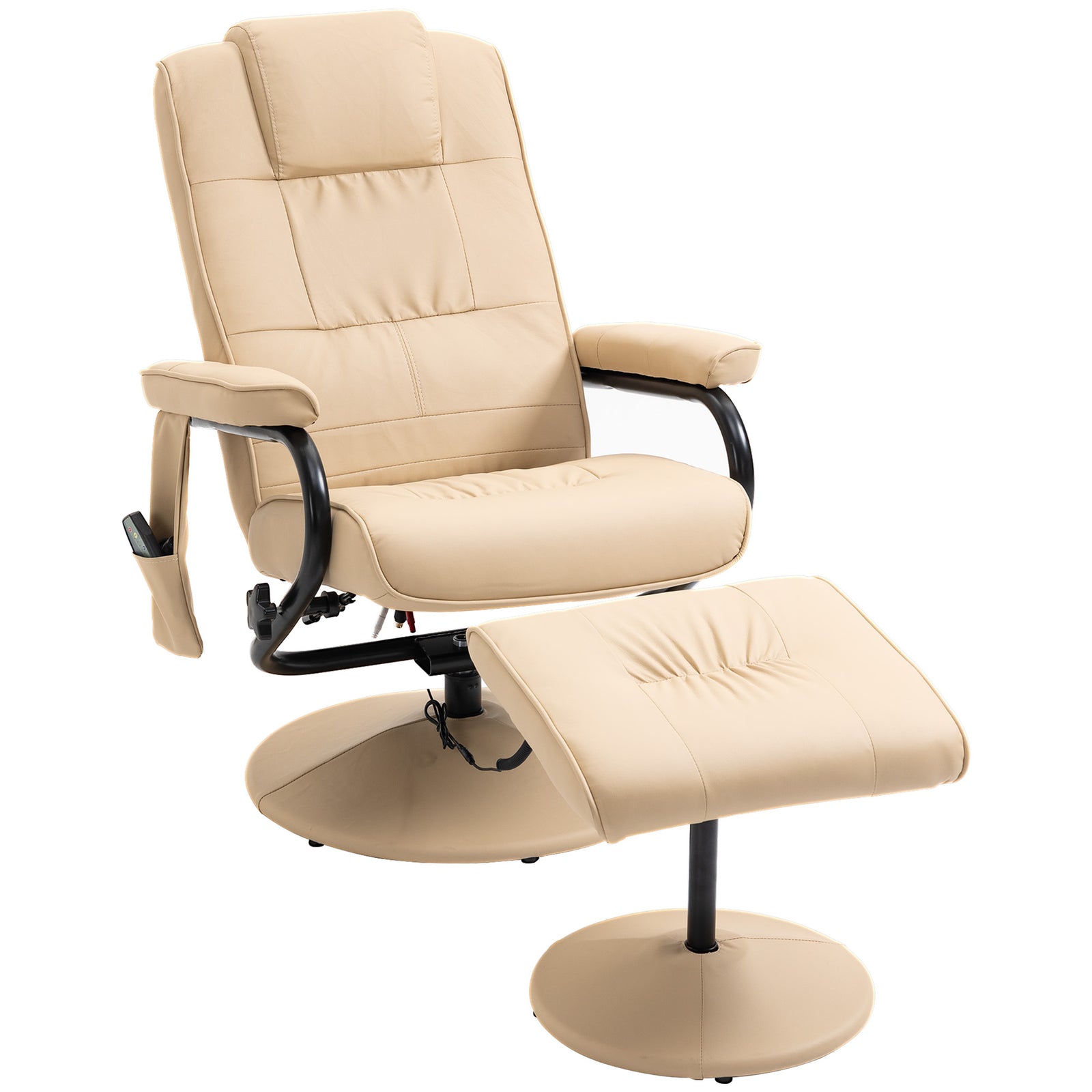 Swivel Recliner Chair and Footstool, Faux Leather Massage Recliner Armchair with Remote Control and Round Wrapped Base, Cream