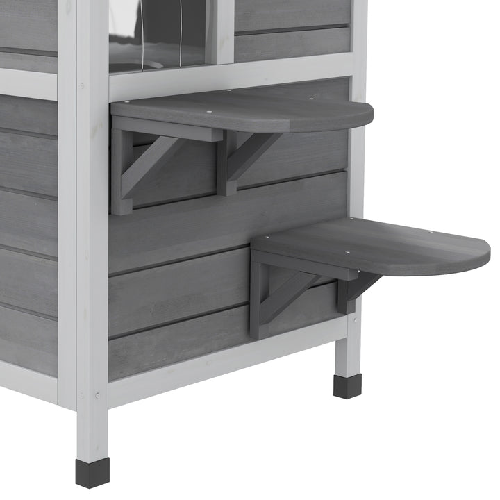 MCL 2-story Cat House Outdoor, Weatherproof Wooden Cat Enclosure for Feral Cats with Escape Door, Openable Roof, Jumping Platforms, Grey