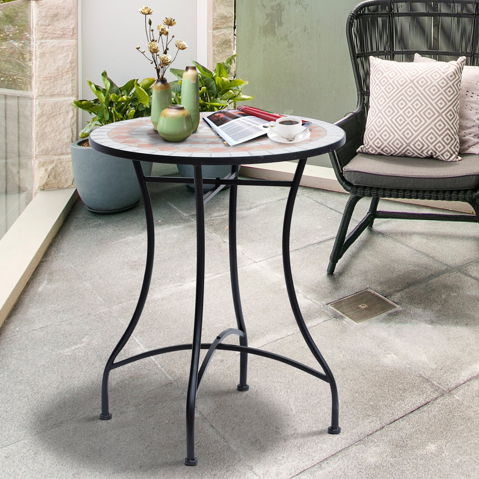 60 cm Mosaic Garden Table, Small Round Outdoor Side Table with Ceramic Top, Plant Stand for Patio, Balcony, Orange and White