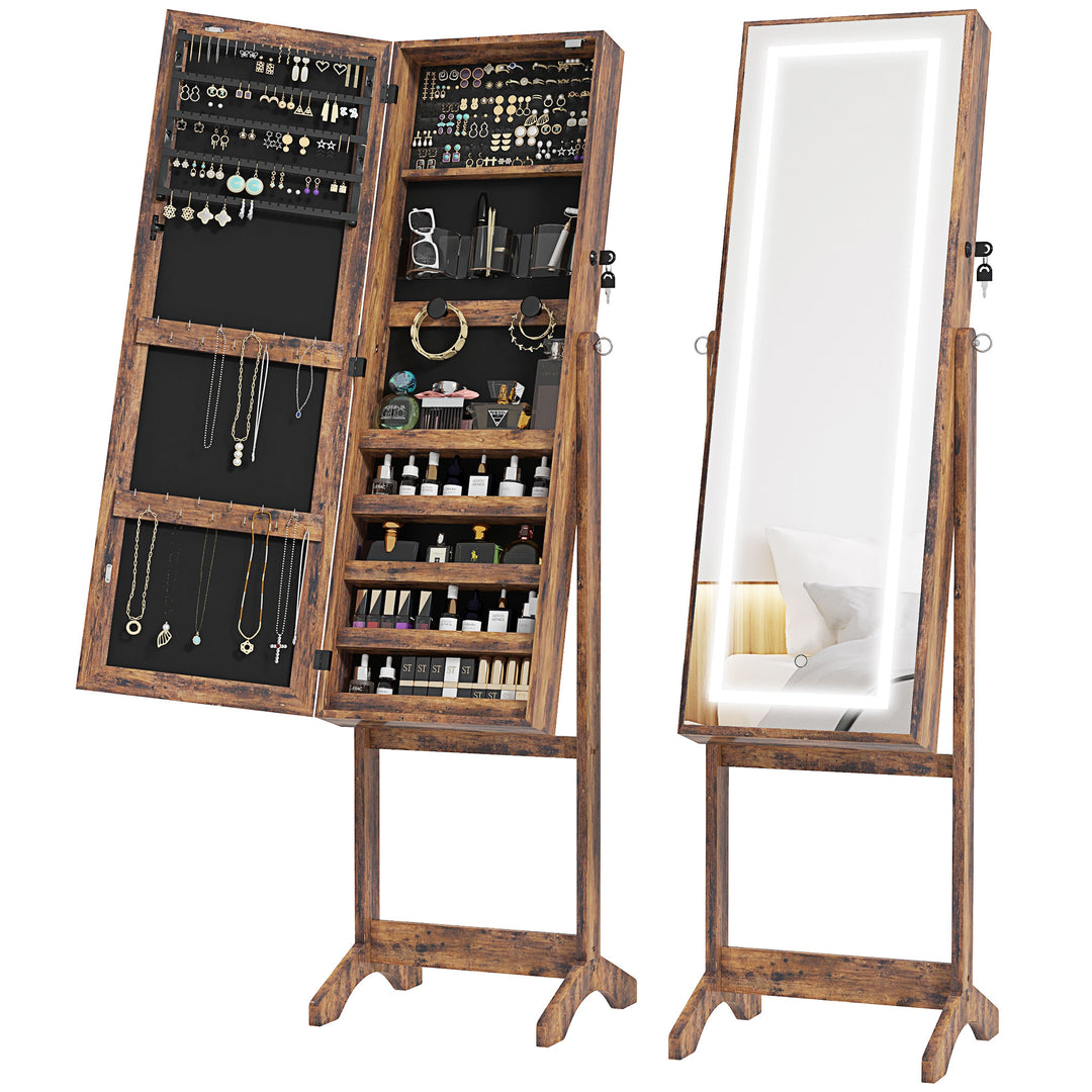 Jewellery Cabinet with LED Light, Lockable Jewellery Organiser with Full-Length Mirror for Bedroom Dressing Room, Rustic Brown