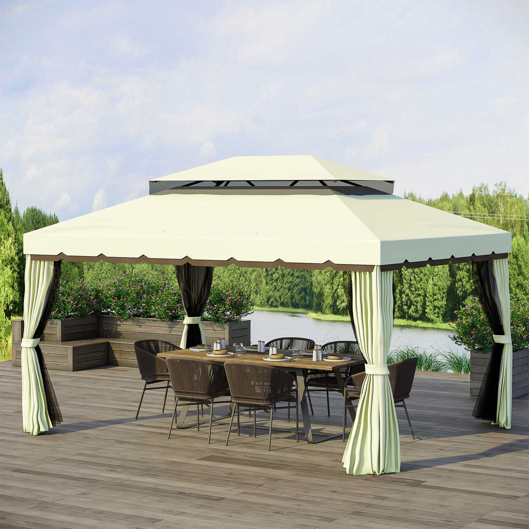 MCL 4 x 3 m Aluminum Garden Gazebo, Double Roof Outdoor Gazebo Canopy Shelter with Netting & Curtains for Garden, Lawn, Backyard and Deck, Cream