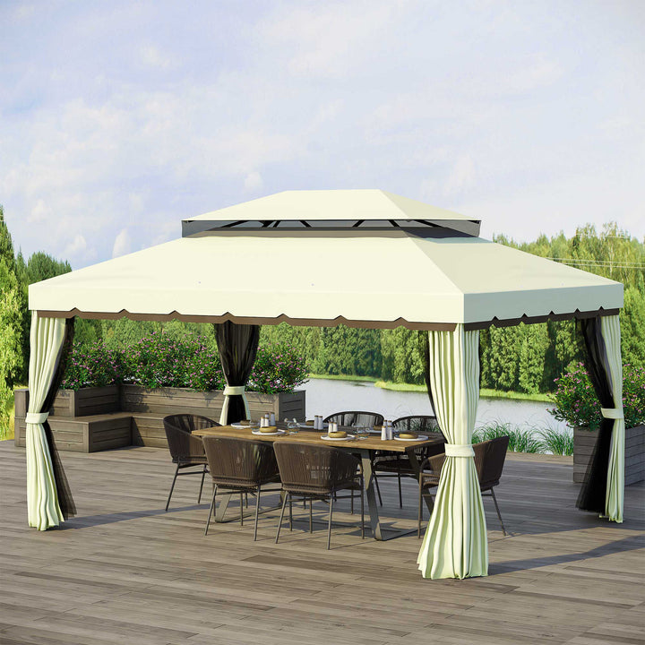 MCL 4 x 3 m Aluminum Garden Gazebo, Double Roof Outdoor Gazebo Canopy Shelter with Netting & Curtains for Garden, Lawn, Backyard and Deck, Cream