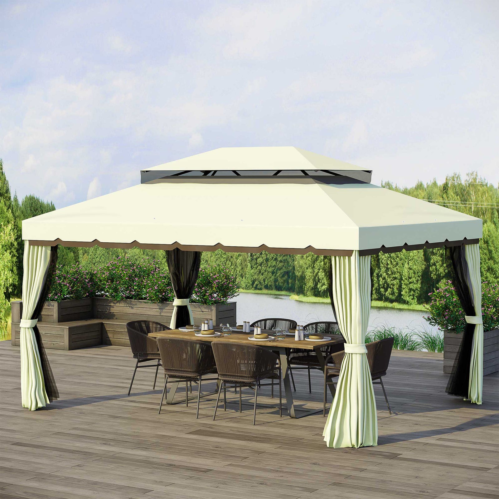 4 x 3 m Aluminum Garden Gazebo, Double Roof Outdoor Gazebo Canopy Shelter with Netting & Curtains for Garden, Lawn, Backyard and Deck, Cream