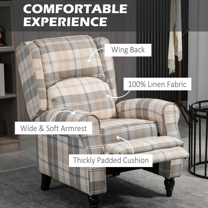 Wingback Recliner Armchair for Living Room, Pushback Reclining Chair with Round Armrests, Footrest and Rubber Wood Legs, Khaki