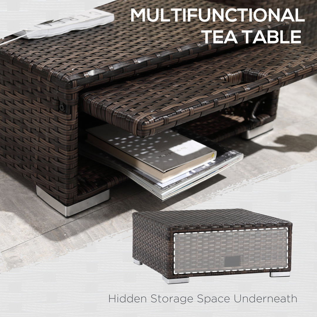 MCL 3 Pieces Rattan Garden Furniture Sofa Set, 4 Seater Garden Corner Sofa with 5-Level Reclining Sun Lounger and Storage Coffee Table, Outdoor Furniture Conservatory Set with Cushions, Brown