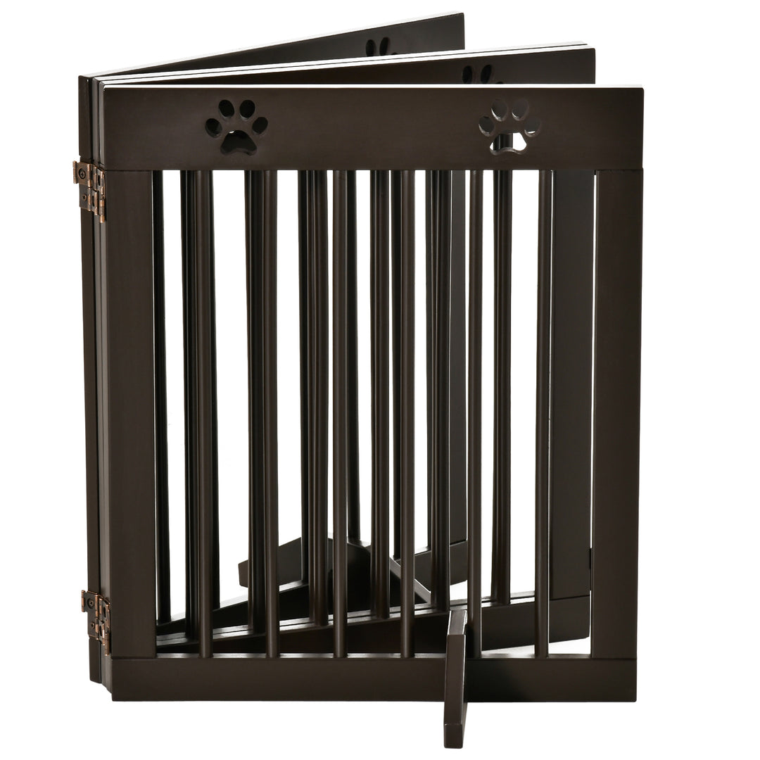 PawHut Freestanding Pet Gate 4 Panel Wooden Dog Barrier Folding Safety Fence with Support Feet up to 204cm Long 61cm Tall for Doorway Stairs Brown