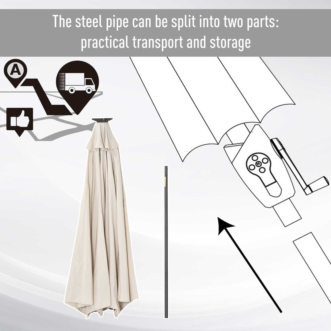 Φ2.7m Garden 24 LED Light Parasol Solar Outdoor Tilt Sun Umbrella Patio Club Party Event Manual Sun Shade w/ Hand Crank and 8 Ribs, Off-white