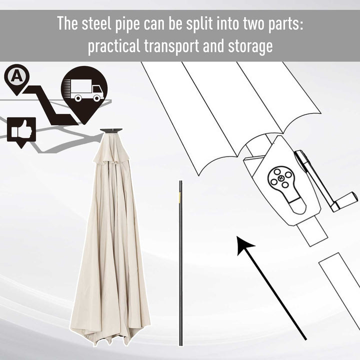 Φ2.7m Garden 24 LED Light Parasol Solar Outdoor Tilt Sun Umbrella Patio Club Party Event Manual Sun Shade w/ Hand Crank and 8 Ribs, Off-white