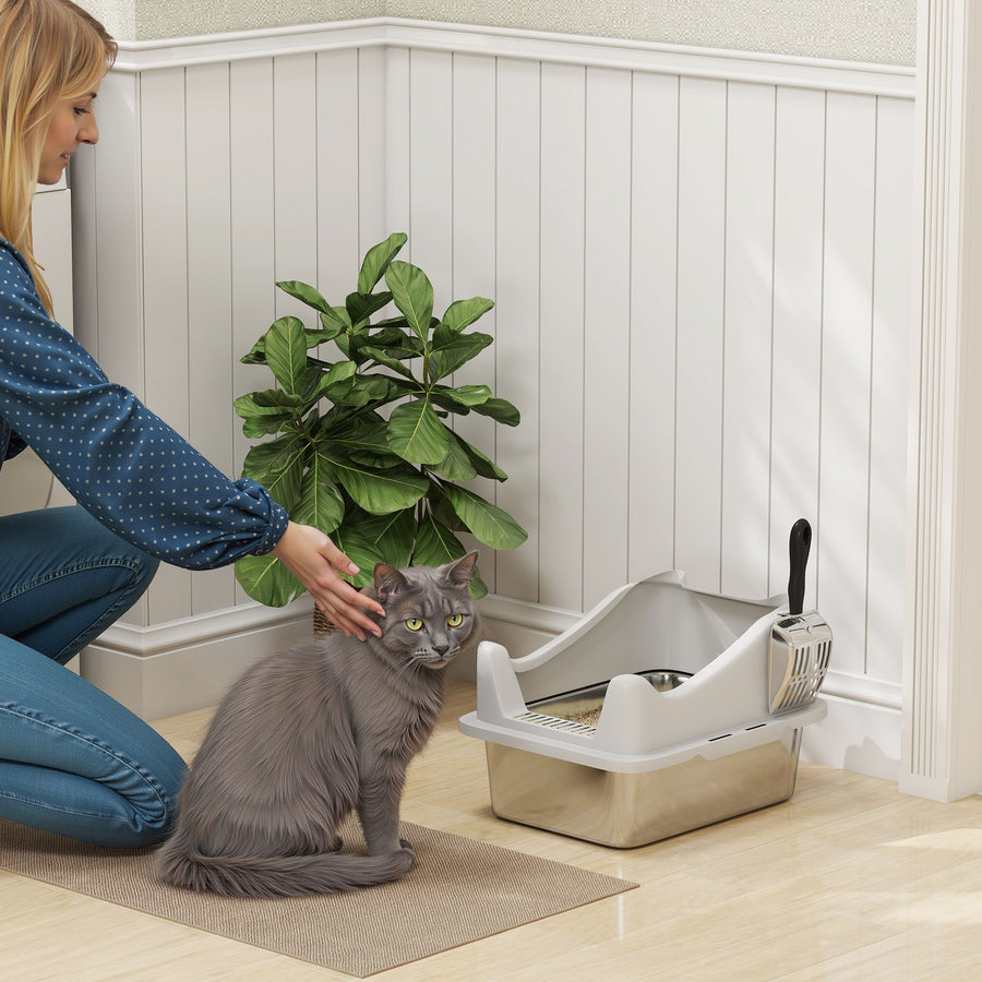 Stainless Steel Cat Litter Box with High Sides, Metal Scoop, 43 x 33 x 25 cm
