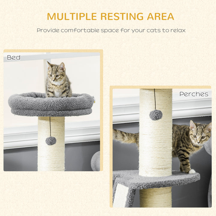 PawHut Cat Tree Tower: Scratching Posts, Pad, Bed, Toy Ball for Cats under 6kg, Dark Grey & Beige | Aosom UK